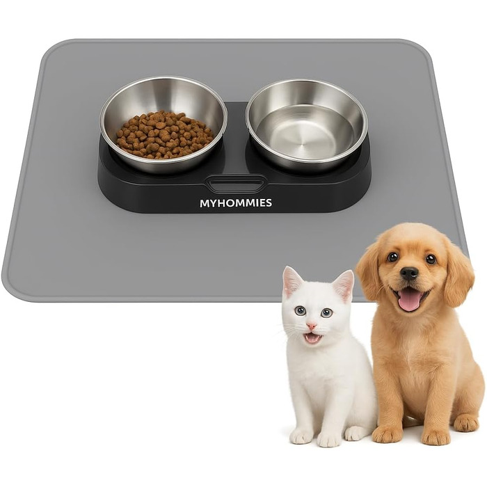 Миска для котів та собак з нержавіючої сталі з нахилом 15°, антиковзаюча, з двома мисками