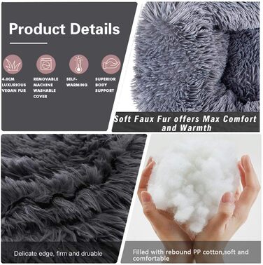 Кругле ортопедичне ліжко для собак великих та екстра-великих порід, м'яке собаче ліжко-подушка у вигляді пончика, плюшеве собаче ліжко-софа, кошик для собак, пухнасте, можна прати - Чорний, 80см, 100x100x20см