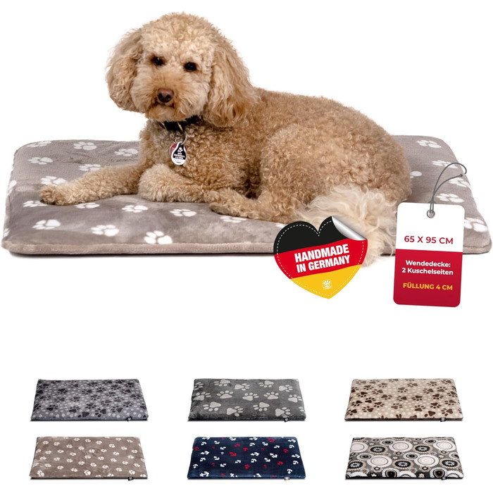 Лежак для собак HS-Hundebett® M 65x95 см, двосторонній, м'який, 3 см наповнювач, для дивану, авто та клітки, лапка, бежевий, вироблено в Німеччині