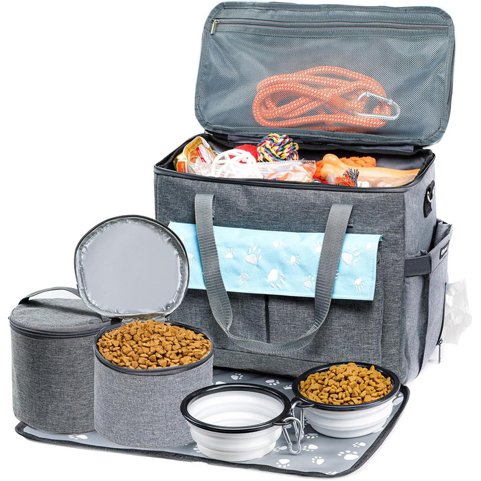 CLAWIST Сумка для собак, переноска для подорожей, XL, сіра/блакитна. З контейнерами для корму та складеними мисками