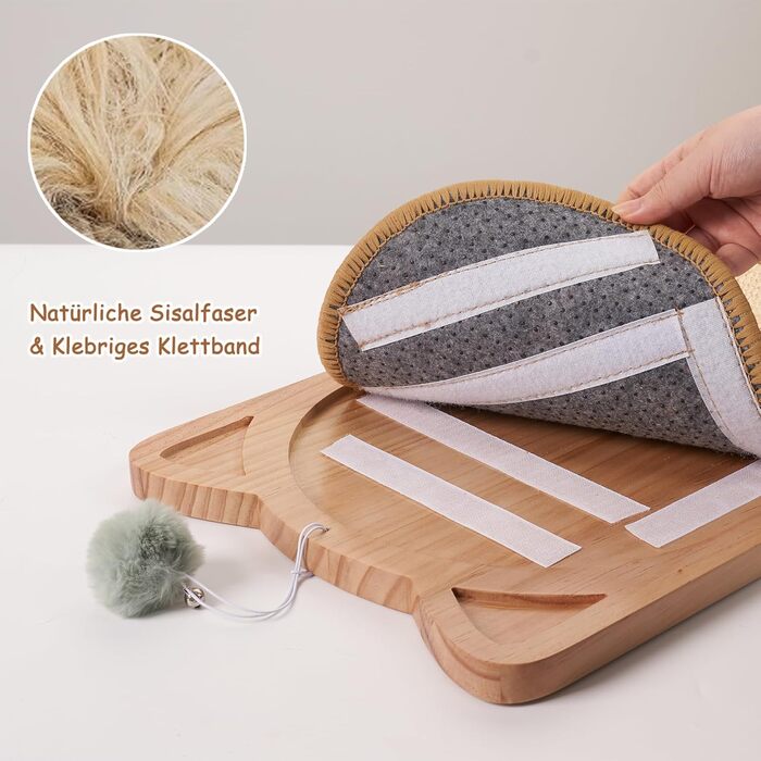 Котячий когтетоп MALOROY з масивного дерева, 58 см, L-подібний когтетоп з картону, стійкий, з іграшкою-м'ячиком, для стіни та кута