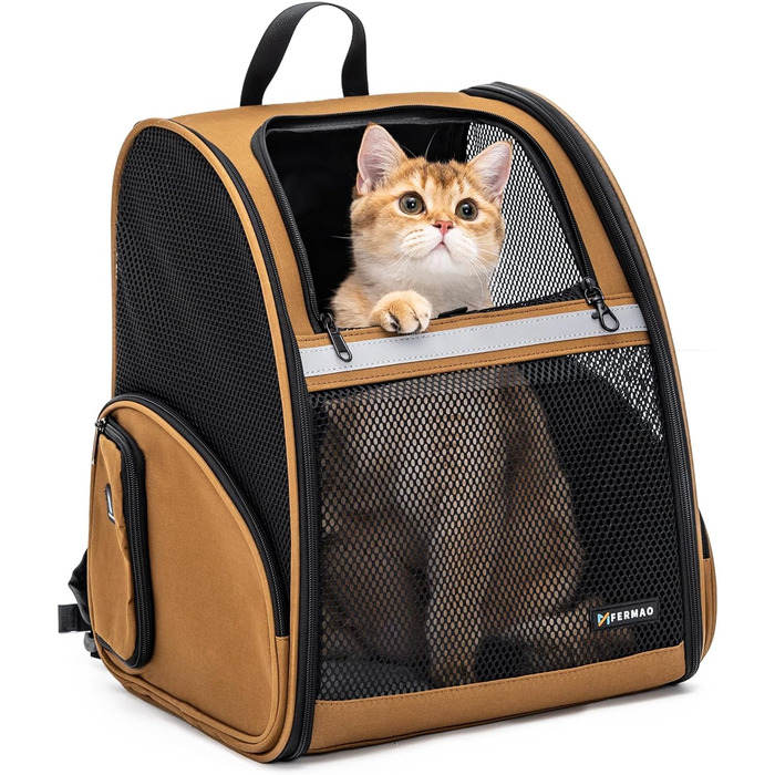 Рюкзак-переноска для собак і котів, дихаючий сітчастий рюкзак, складний, для подорожей, кемпінгу, до ветеринара, до 6,8 кг (Коричневий)