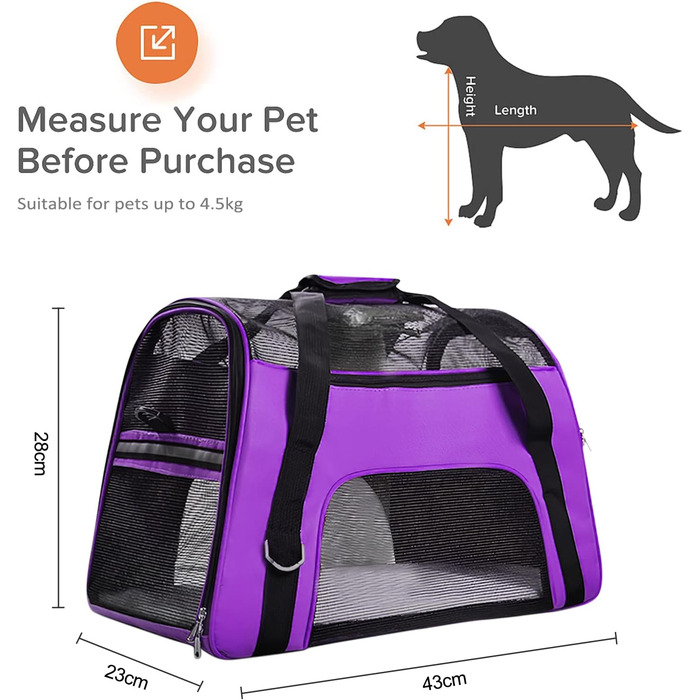 Переноска для тварин Galatée, переноска для собак та котів, дихаючий матеріал, для подорожей, складана, фіолетовий (M)