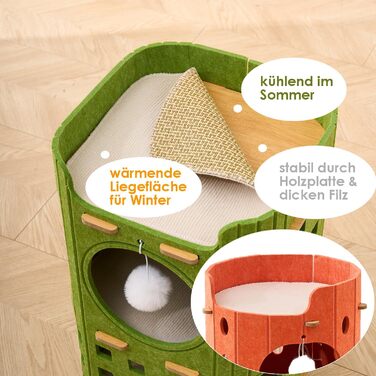 Сучасний котячий комплекс з 4 ярусами та 3 будиночками для котів, фетр, стійка альтернатива котячого будиночка з іграшкою, тихий та компактний (90 см) (Оранжевий, 35 x 35 x 90 см)