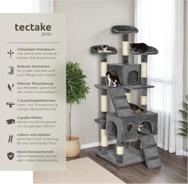 Велика когтеточка для котів tectake з 3-х сизалевими стовпчиками, лежаками, будиночком і драбинками, середня висота, для котів і кошенят, сіра