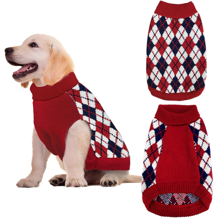 Теплий в'язаний пуловер для собак та котів, розмір L, червоно-синій, з візерунком 