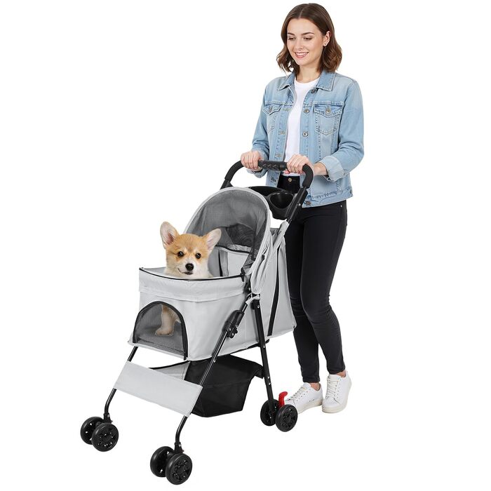 Складаний візок для тварин та дітей з обертовими колесами на 360°, кошиком для зберігання, міцним металевим каркасом та дихаючими сітчастими віконцями – портативний переносник для котів та собак до 22 кг (Сірий)