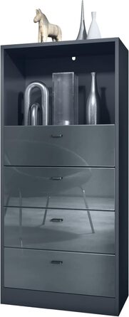 Комод Vladon Pino V3, 4 шухляди і відкрита полиця, антрацит матовий, 56x125x36 см, без LED, фасади сірий глянець, Німеччина