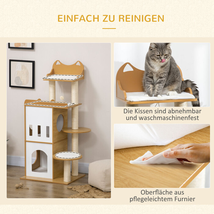 PawHut Cat Tree, 133 см, кігтеточка для кішок Cat Tree з 2 котячими печерами, зі стеблами для подряпин, подушками, м'яч, меблі для кішок, кімнатна, дуб+біла | Аосом