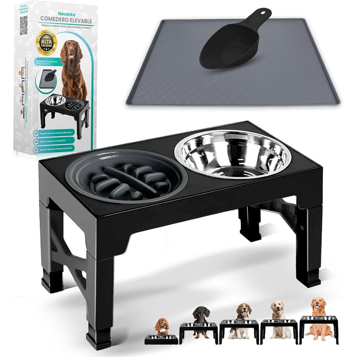 Підвищуюча годівниця для собак NOVARKA® з регулюванням висоти | Набір з миски з нержавіючої сталі та антибактеріальної миски | Преміум-набір з антиковзною підкладкою та лопаткою для корму