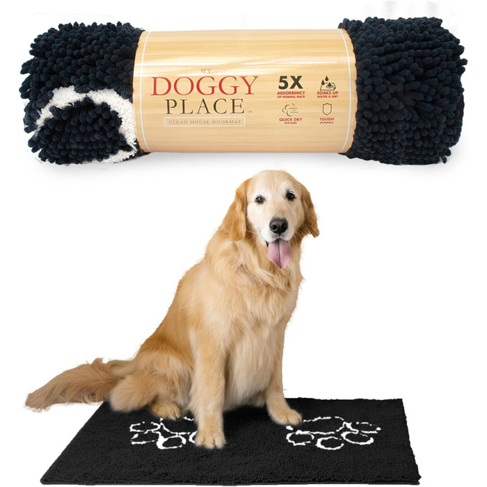 Килимок для собак My Doggy Place з мікрофібри для брудних лап, 91.4 x 66 см, швидковисихаючий, вбираючий, для прання та сушки в машині, з антиковзким гумовим покриттям (91 x 66 x 3 см, Чорний з відбитком лапи)