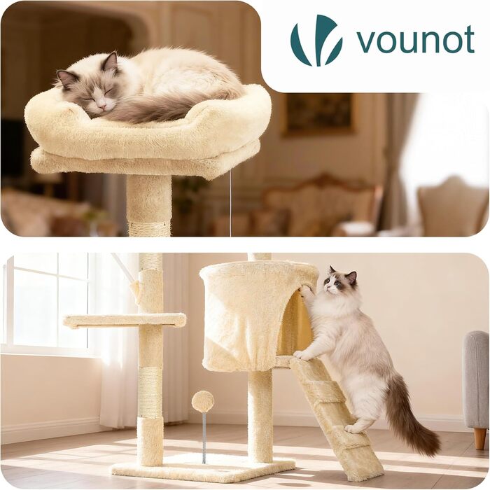 Кігтеточка для котів Vounot® - багатоповерхова кімнатна кігтеточка з платформами, печерою та іграшками, 112 см, бежева