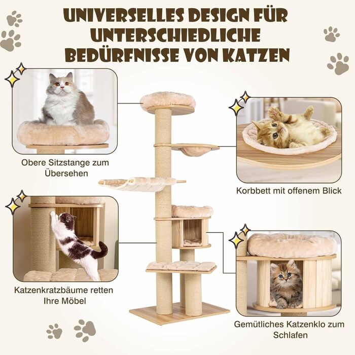 Багатоповерховий котячий комплекс COSTWAY з дерева, 191 см: кігтеточка, гамак, будиночок, кошик, стовпчики з сизалю, активний ігровий комплекс для котів, бежевий, 6 поверхів