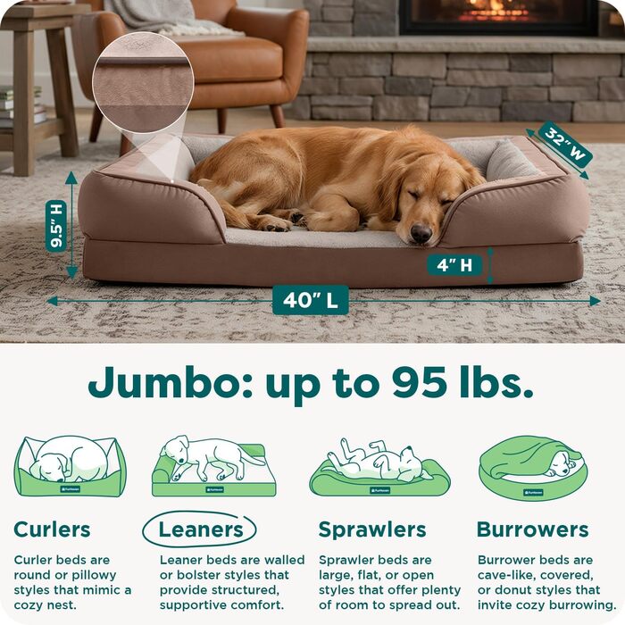 Крісло-ліжко для собак великих порід Furhaven з піною з пам'яті, знімний, пральний чохол, до 81,6 кг, ультра м'яке штучне хутро та люкс велюр, контурний матрац, XXXL (піна з охолоджуючого гелю), 102 x 81 x 24 см, хвилястий велюр, колір: коричневий камінь.