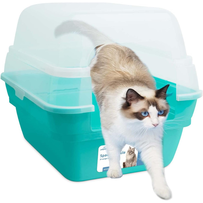 Туалет для котів 3в1 з кришкою, велика закрита котяча туалетна коробка XXL, Jumbo з високими бортами, бірюзовий 55x45x44 см
