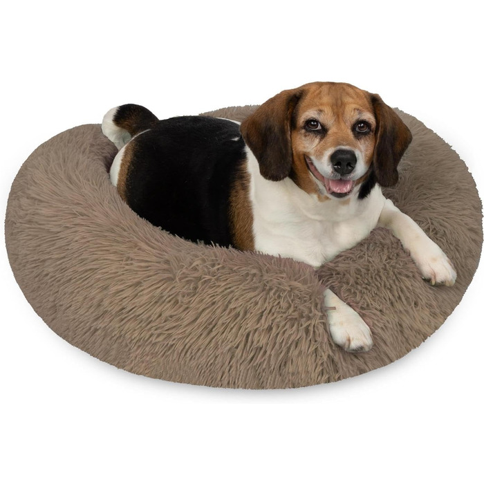 Кругле собаче ліжко Normani для великих і маленьких собак - ергономічна подушка-донат, собача лежанка з високим бортиком, колір коричневий, розмір 60x60x22 см