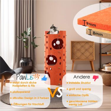 Сучасний котячий комплекс з 4 ярусами та 3 будиночками для котів, фетр, стійка альтернатива котячого будиночка з іграшкою, тихий та компактний (90 см) (Оранжевий, 35 x 35 x 90 см)