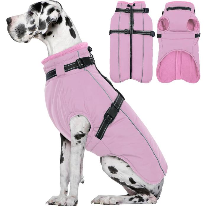 Теплий зимовий одяг для собак Lelepet: куртка з інтегрованим шлейкою, вітронепроникний флісовий одяг, світловідбиваюча жилетка для собак, XL (XX-Large, рожевий)