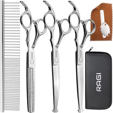 Набір професійних ножиць для собак RAGI: витончені ножиці, ножиці для стрижки лап, етикетка, серветка, ключ для регулювання. Нержавіюча сталь, срібло