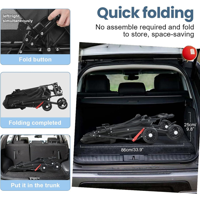 Транспортувальна візок для собак, легкий та складаний, з регульованим козирком, анти-вислизання, гальма та багажник (до 10 кг), чорний