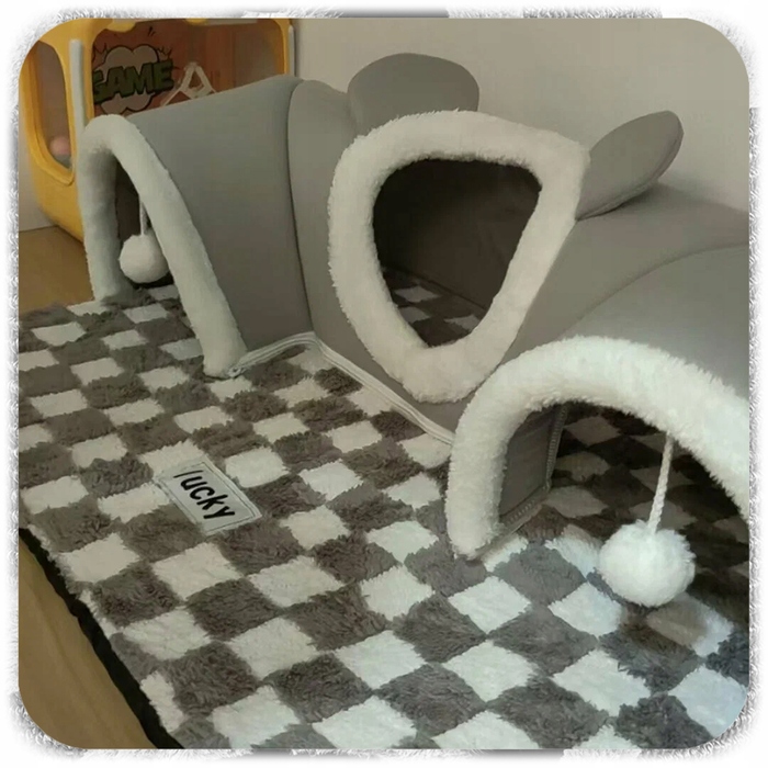 Плюшеве ліжко-шахівниця для котів з тунелем 2в1, сіре, розмір XL 86x70x26 см