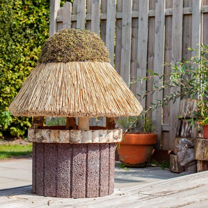 Дерев'яний годівничка для птахів VOSS.garden XL Föhr з очеретяним дахом, натуральна береза, велика кормова платформа 50 см, будиночок для годування птахів