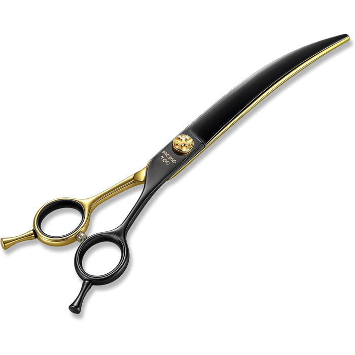 Професійна вигнута ножиця для грумінгу собак, з декоративним гвинтом, гостра та довговічна, японська сталь 440C, безпечна закруглена кінчик, 19,1 см, чорний та золотий колір