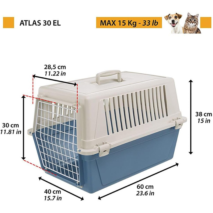 Транспортна переноска для котів та собак Ferplast ATLAS 30 EL, 40x60x38 см, блакитна, 1 дверцята, до 15 кг