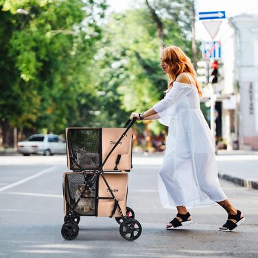 COSTWAY Двоярусний візок для собак та котів, до 16 кг, з сітчастими віконцями, тримачем для напоїв та зчепленим елементом (Бежевий)