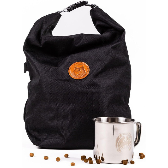 Чорна переносна сумка для собак Wilderdog з водонепроникним покриттям, контейнер для сухого корму та нержавіюча чашка