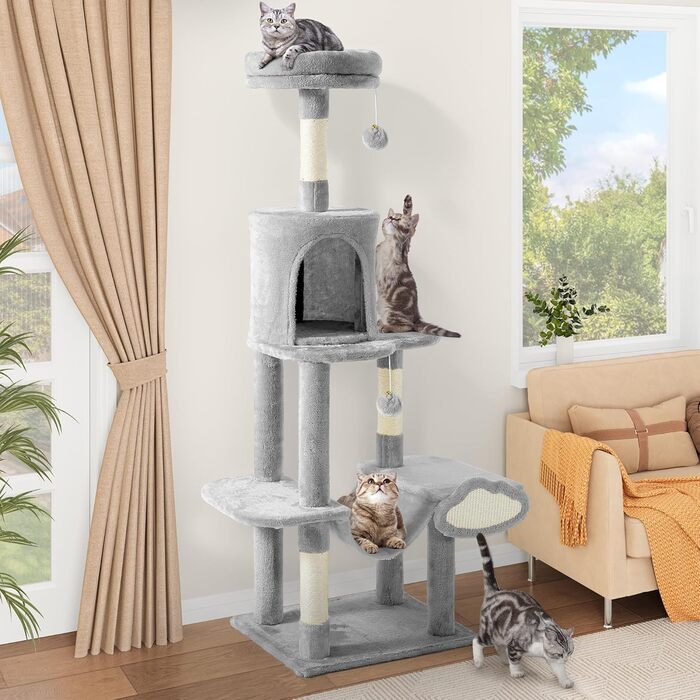 Кігтеточка YITAHOME XXL для котів, 142 см, сірий, з 8 стовпів з сизалю, 3 платформи, 2 печери, гамак, іграшки, кігтешкребок, крізьбаум