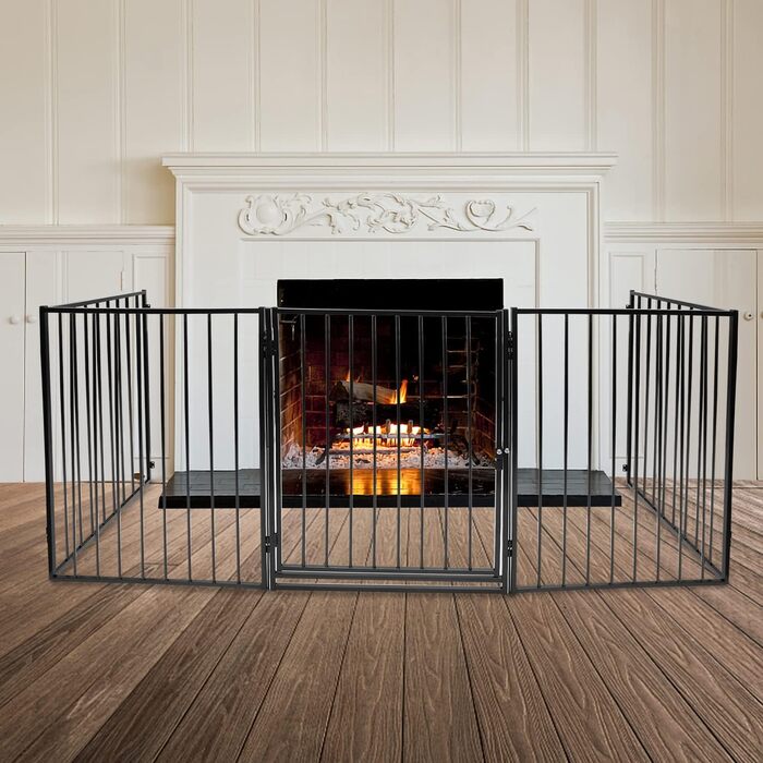 Захисна сітка для каміна Daromigo, 304 см, металева з дверцятами, сітка для дитячого манежу, захист від тварин, захист для дітей, чорна, 5 елементів
