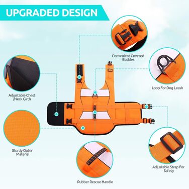 Рятувальний жилет для собак ASENKU, розмір L, оранжевий (для такс, чихуахуа, французького бульдога, лабрадора)