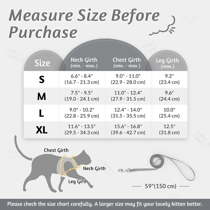 Нашийник та поводок для котів Rabbitgoo - безпечний, регульований, з відбиваючими смугами, сірий, M