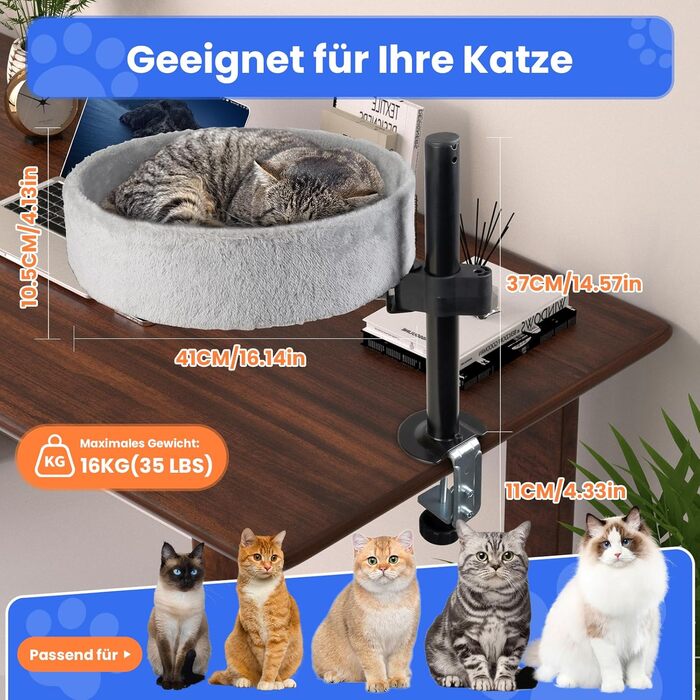 BSWAY ліжко для кота на стіл - без свердління, 360° обертання, регульована висота. Підвищене котяче ліжко над столом. Тримає кошеня/кота близько, робочий простір чистий. Ліжко для кота на стіл (Сірий, XL). Сірий XL