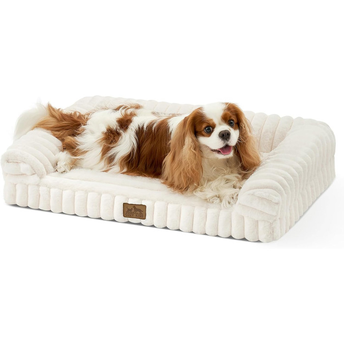 Ортопедичне ліжко для собак з штучного хутра, ергономічне диван для середніх собак, дизайн з корду, знімний та пральний, захищене від гризунів, водовідштовхувальне та неслизьке (кремовий, 76x50x15 см)