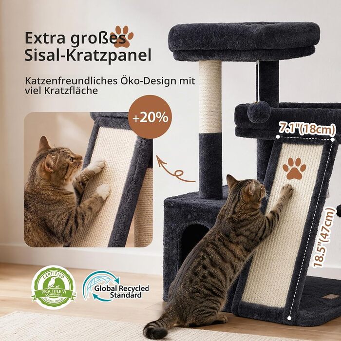 Дряпалка для котів Heybly HCT206SMJ (69 см) з двома лежаками та великою scratching-дошкою, темно-сіра