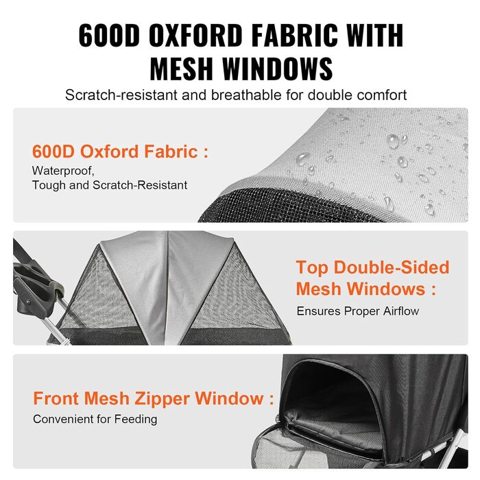 Візок для собак VEVOR, 79x46x102 см, до 16 кг, складаний, алюмінієвий каркас, Oxford 600D, сітчасті вікна, EVA колеса