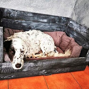 Собаче ліжко Kistenkolli Altes Land Balu з дерева з подушкою, корзина для собак, лежанка, вінтажний диван для собак, білий (90x57x45 см, Shabby Schwarz)