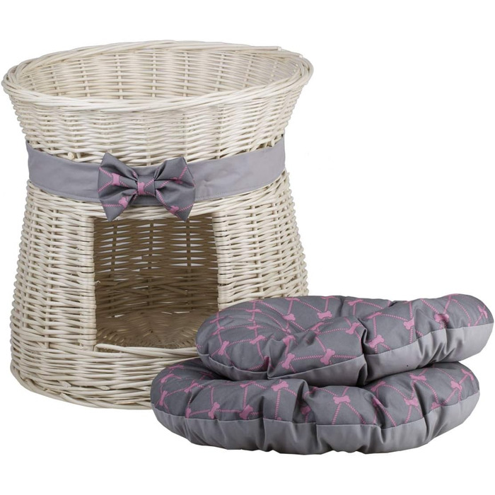 Кругла котяча хатинка e-wicker24 з плетіння, двоярусна, з подушкою та бантиком, котячий будиночок (кремово-сірий)