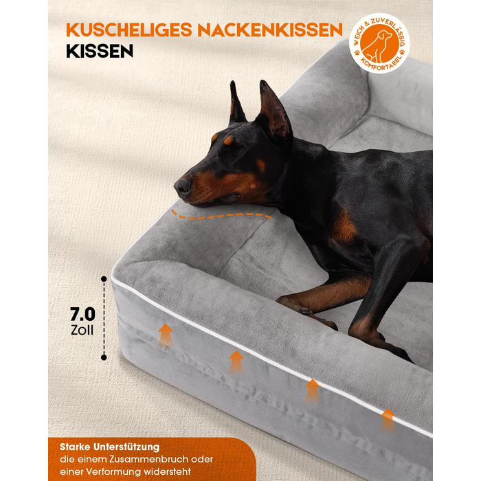 Ортопедичне ліжко для собак великих порід, корзина для собак, що можна прати, з яєцеподібною піною, водовідштовхувальне ліжко для собак з неслизьким дном та чотиристоронньою подушкою (світло-сірий, 91x61x18 см)