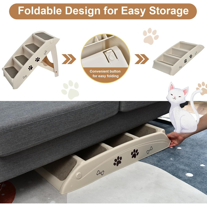 Сходинка для тварин SOARS, 4-ступенева, для собак та котів, з килимком з повсті, до 60 кг, антиковзаюча, для ліжка, авто, дивана (Бежевий)