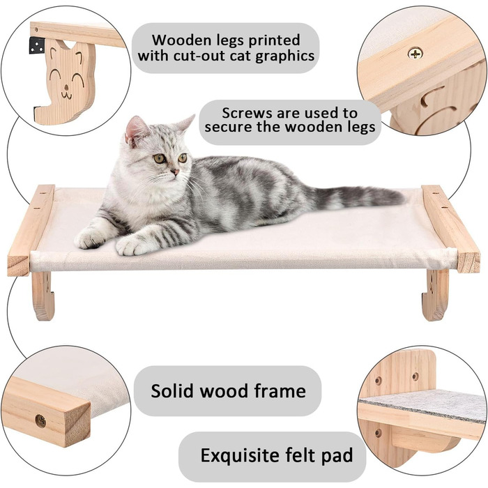 Настінна гамак для котів, дерев'яні меблі для котів, полиці та стійки, полиця для котів з плюшем, платформа-ліжко для котів для сну, ігор та лазіння
