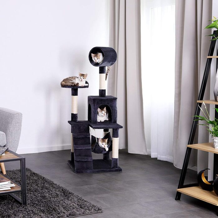 Дерево для котів Lionto з гамаком та тунелем, 133 см, з сизалевого мотузка та м'якого плюшу, зручні лежанки та печери, підходить для котів будь-якого розміру, темно-сірий