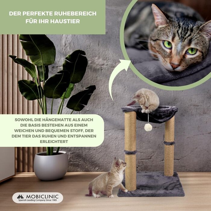 Дряпка для котів Mobiclinic Pets Milo 2-в-1, гамак, сірий, 40x40x50 см, міцна, переносна, до 10 кг, з іграшкою, європейський бренд, легка у догляді