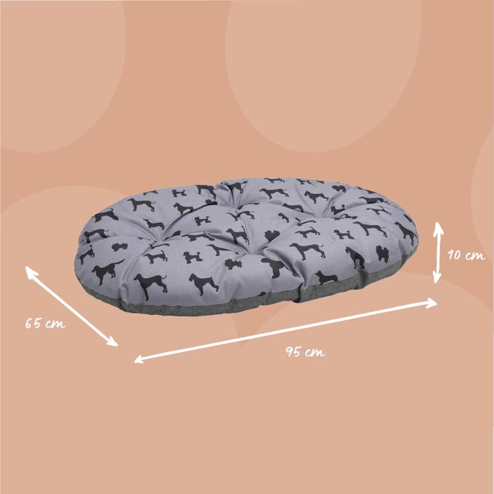 Килимок для собак Rosewood All Seasons Oval – великий, 94 см, двосторонній, з принтом собак & сірий, з виглядом льону – можна прати, зручний, для використання протягом року, розмір 20 x 60 x 20 см