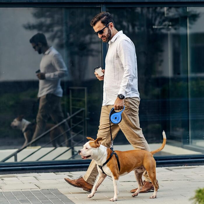 Леєнка для собак MoYouno 8 м з відтягувачем та тримачем для пакетів, синього кольору