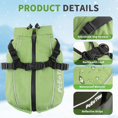Водонепроникний теплий зимовий одяг для собак - куртка-комбінезон для маленьких собак, з отвором для повідка, відбиваючий, зелений