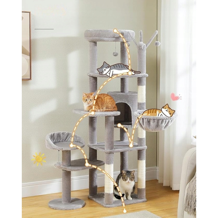 Багатоярусний когтеточка-комплекс для котів 150 см, стійкий, з ліжком — сірий