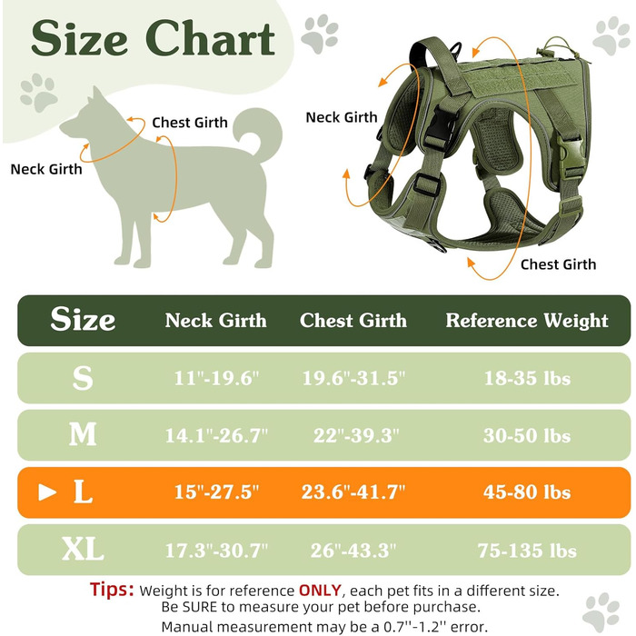 Тактичне обіднє нашийник для собак VavoPaw з MOLLE панеллю та світловідбиваючими смугами, армійного кольору, розмір L (45-80 фунтів)